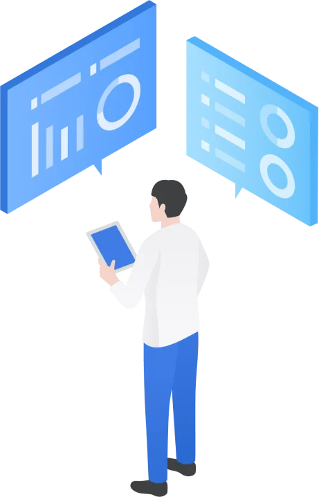 タブレットを手に資料を確認する人物のイラスト