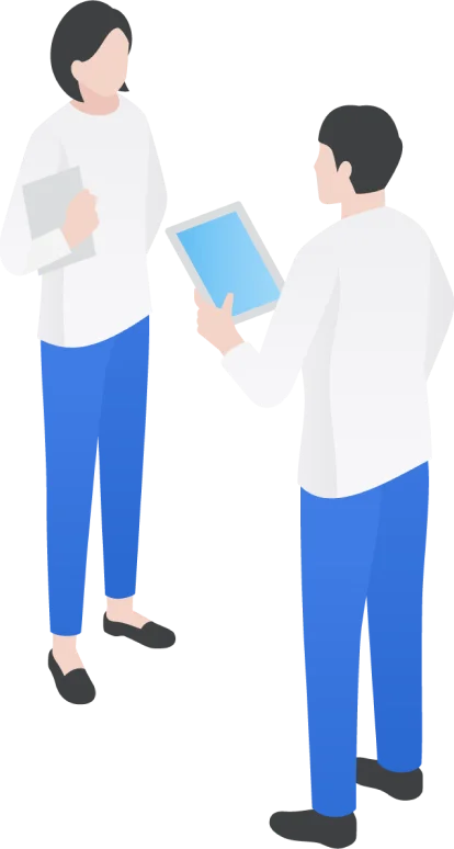 資料を見ながら会話する2人の人物のイラスト