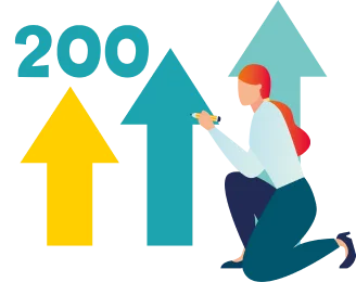 200社以上の実績を示す上昇矢印と人物のイラスト