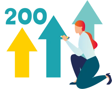 200社以上の実績を示す上昇矢印と人物のイラスト