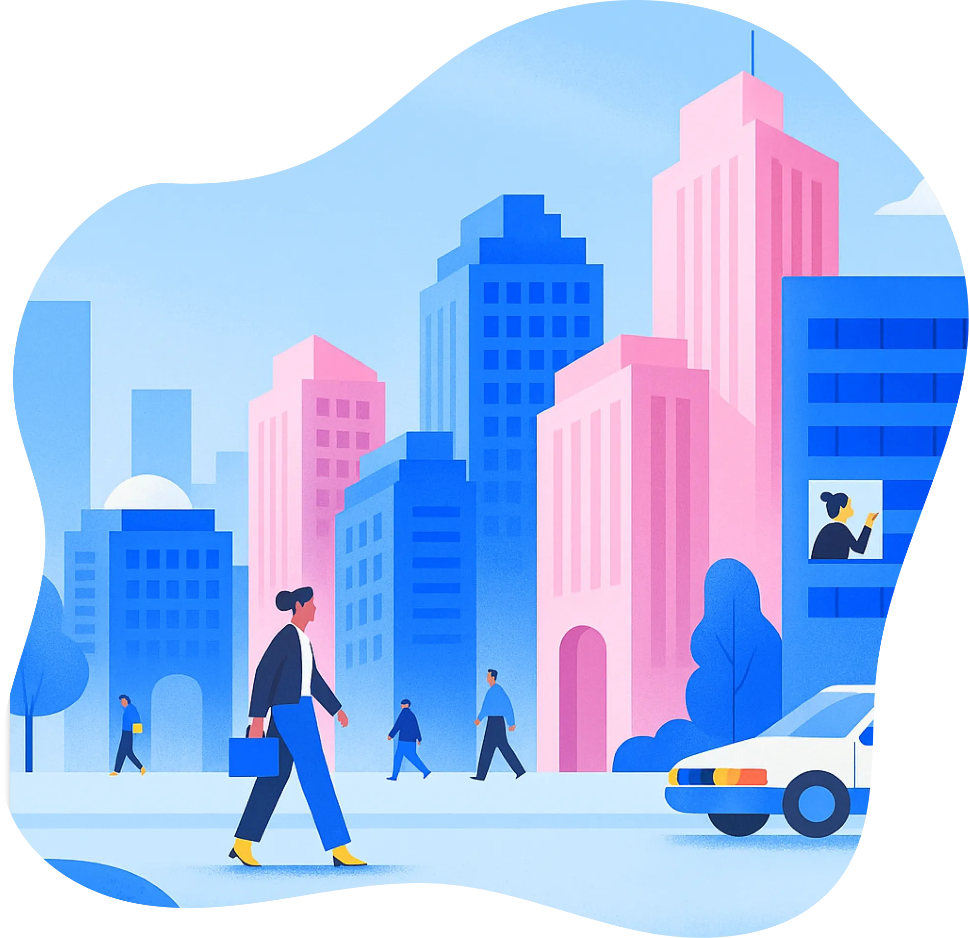 高層ビルが立ち並ぶ都会の街並みを歩くビジネスパーソンたちの様子（1/4）