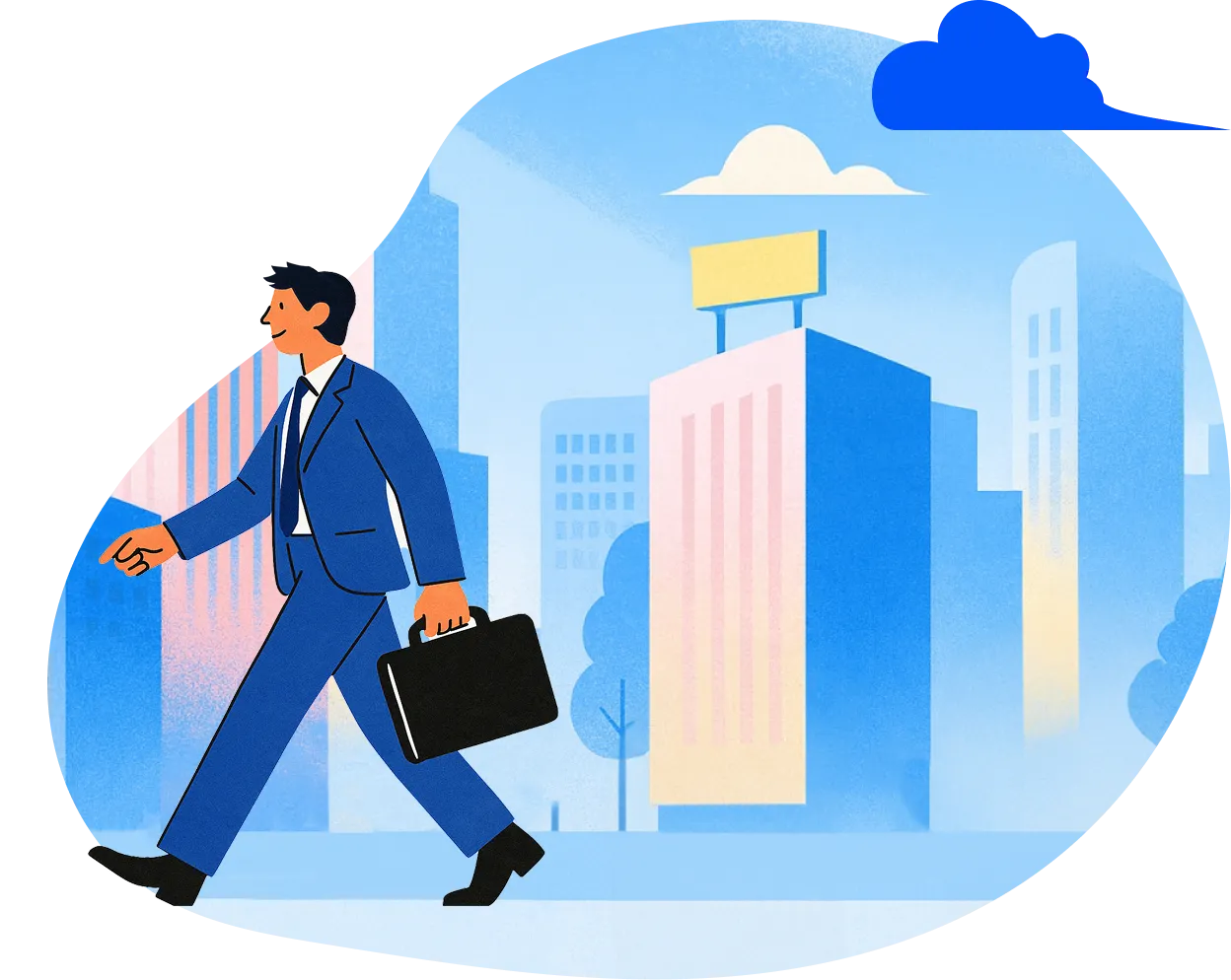 高層ビルが立ち並ぶ都会の街並みを歩くビジネスパーソンたちの様子（4/4）